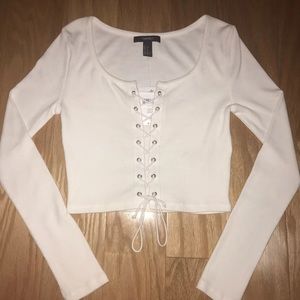 White Lace Up Crop Long Sleeve Top